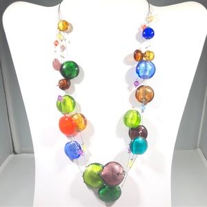NECKLACE TRI-BAND WIRE with GLASS and ACRYLIC BEADS  20” to 23” length